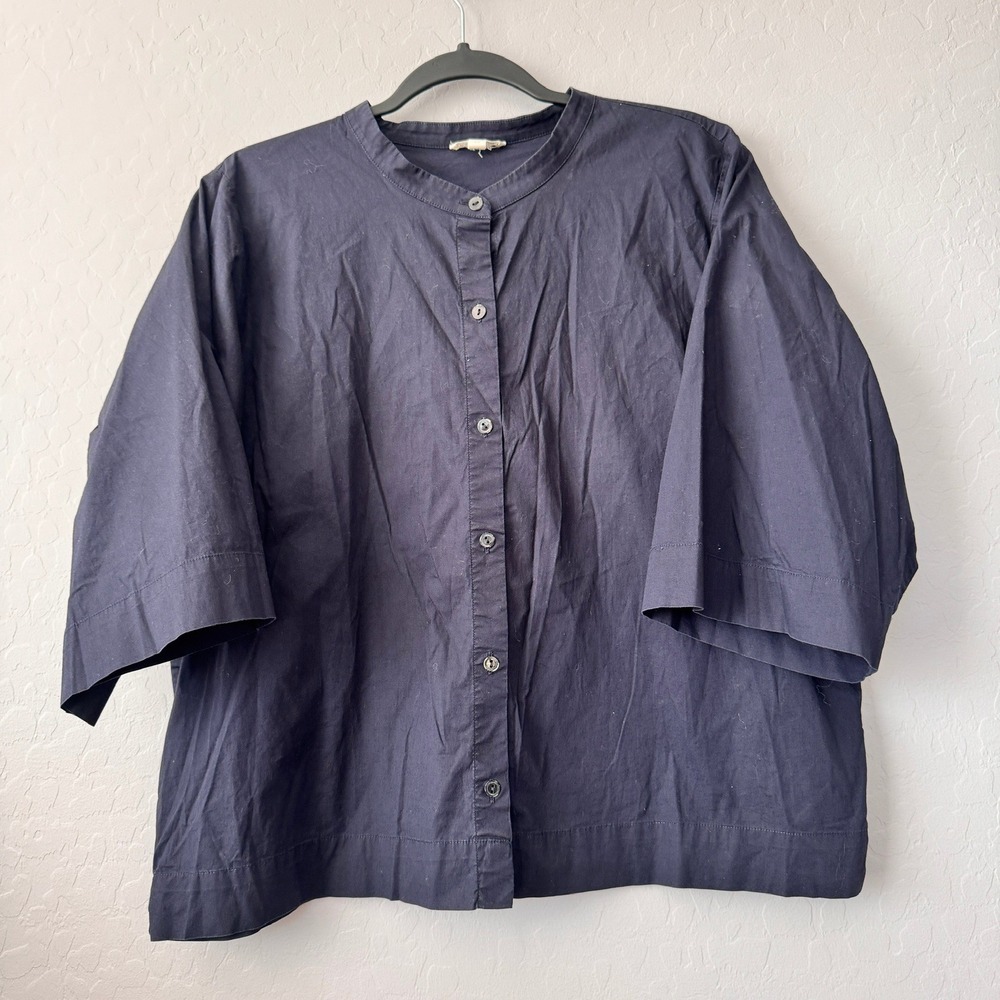 Eileen Fisher Large Button Down Blouse Navy Blue Elbow Sleeve Organic Cotton